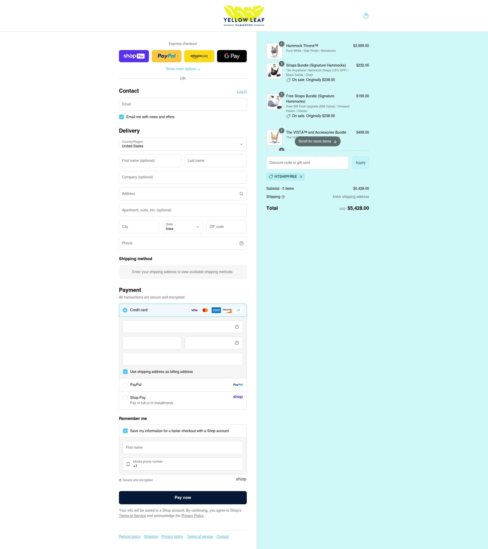 Yellow Leaf Hammocks checkout page showing Yellow Leaf Hammocks discount code box | Screenshot taken by SimplyCodes community member on Aug 25, 2025