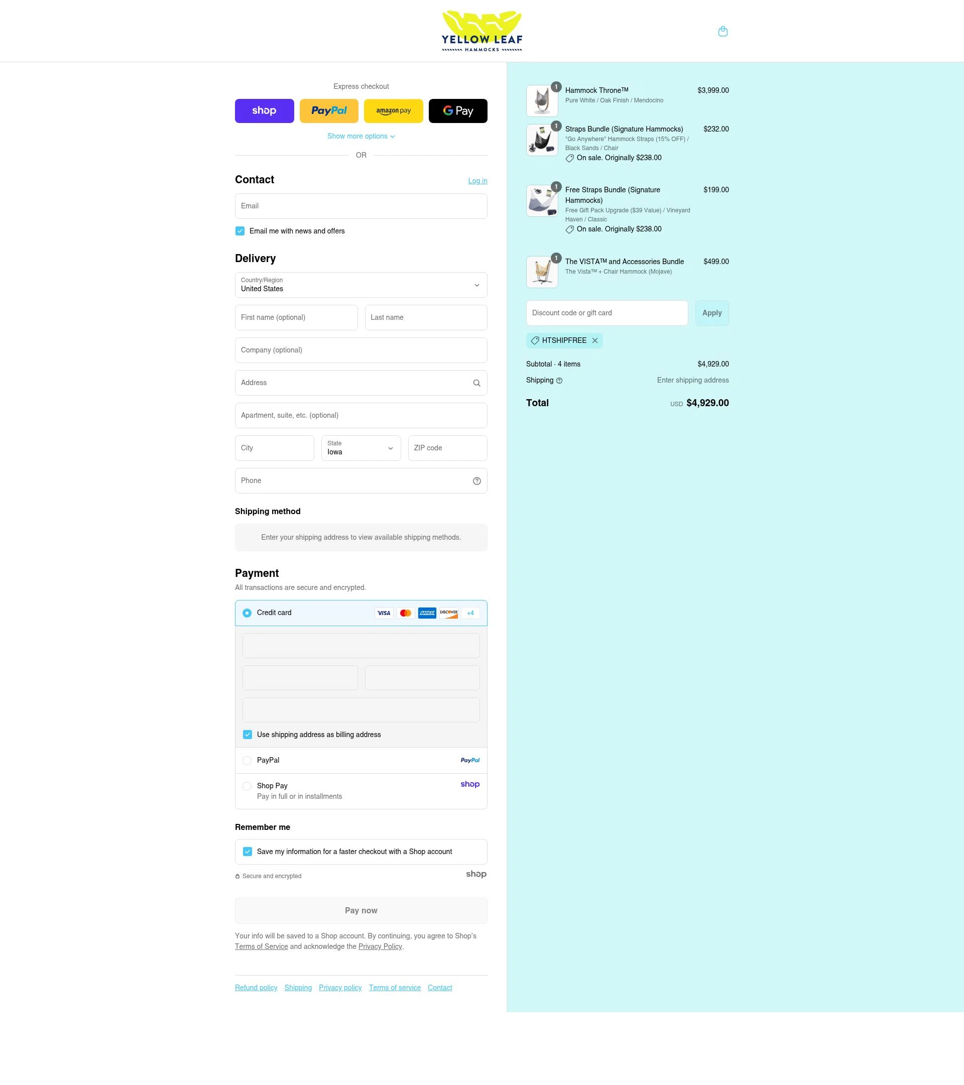 Yellow Leaf Hammocks checkout page showing Yellow Leaf Hammocks discount code box | Screenshot taken by SimplyCodes community member on Sep 6, 2025