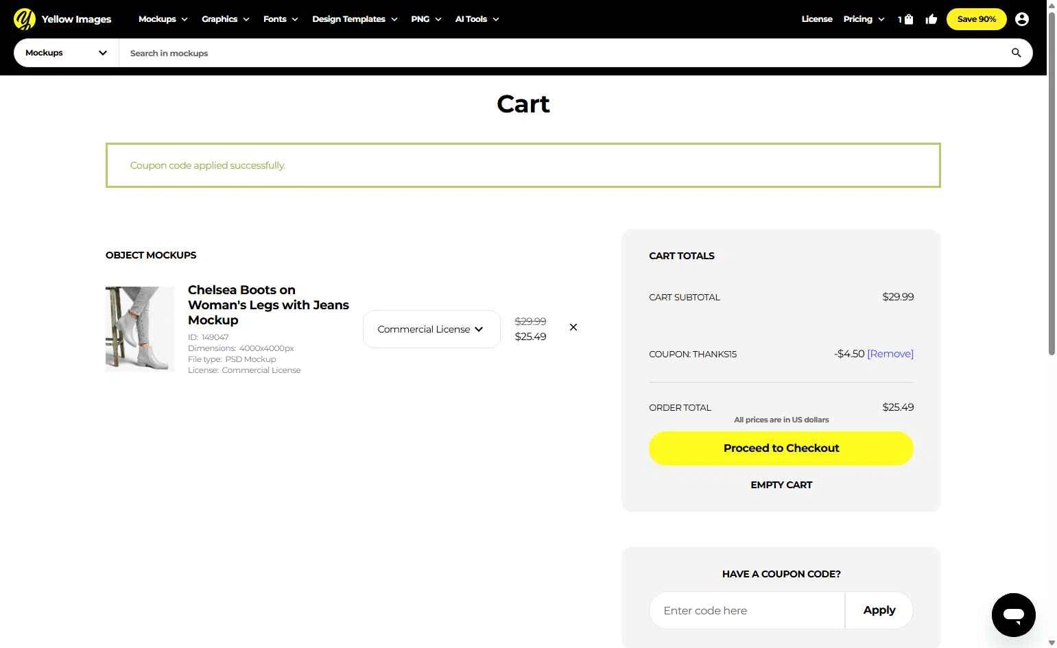 Yellow Images checkout page showing Yellow Images coupon code box | Screenshot taken by SimplyCodes community member on Feb 4, 2026