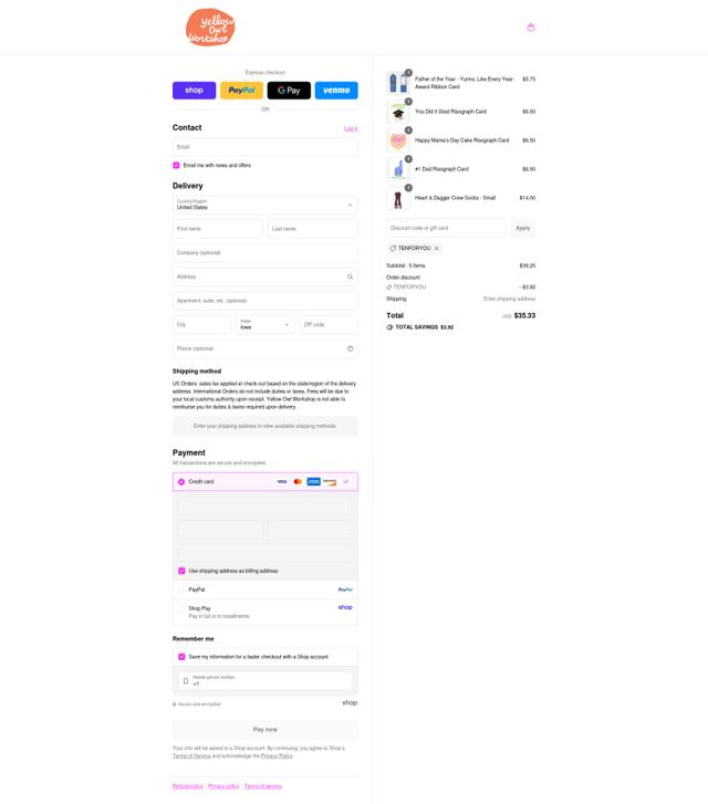 Yellow Owl Workshop checkout page showing Yellow Owl Workshop discount code box | Screenshot taken by SimplyCodes community member on Sep 7, 2025