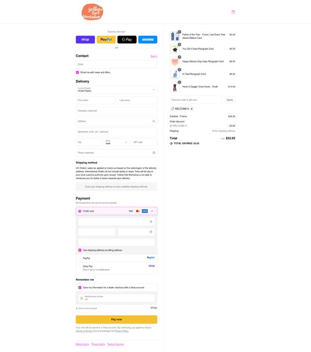 Yellow Owl Workshop checkout page showing Yellow Owl Workshop discount code box | Screenshot taken by SimplyCodes community member on Sep 11, 2025
