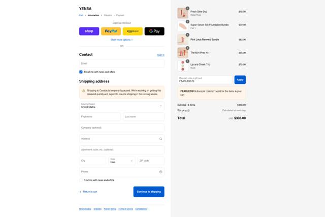 Yensa checkout page showing Yensa coupon code box | Screenshot taken by SimplyCodes community member on Sep 12, 2025