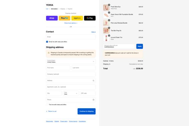 Yensa checkout page showing Yensa coupon code box | Screenshot taken by SimplyCodes community member on Sep 12, 2025