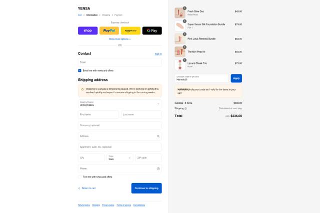 Yensa checkout page showing Yensa coupon code box | Screenshot taken by SimplyCodes community member on Sep 12, 2025