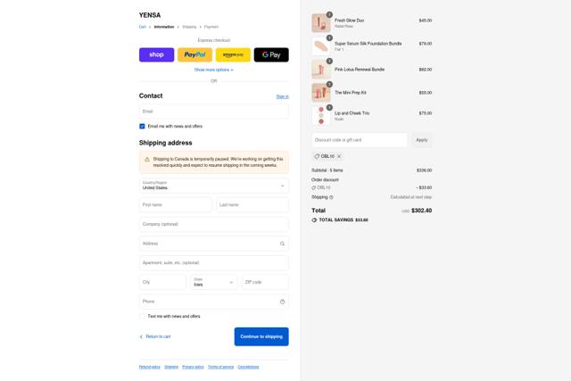 Yensa checkout page showing Yensa coupon code box | Screenshot taken by SimplyCodes community member on Sep 12, 2025