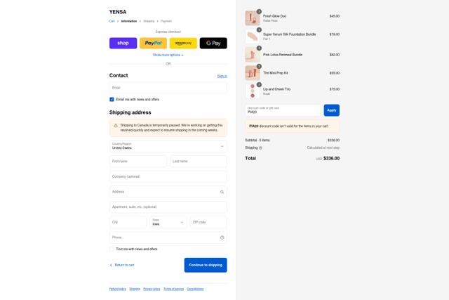 Yensa checkout page showing Yensa coupon code box | Screenshot taken by SimplyCodes community member on Sep 12, 2025