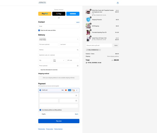 Yeouth checkout page showing Yeouth coupon code box | Screenshot taken by SimplyCodes community member on Aug 26, 2025
