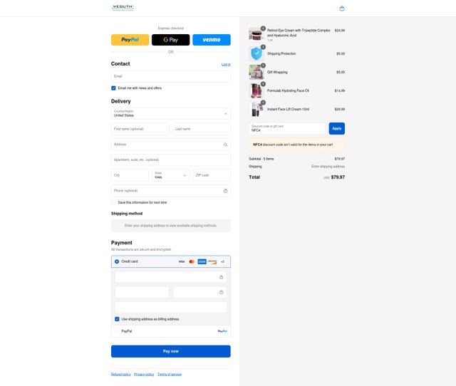 Yeouth checkout page showing Yeouth coupon code box | Screenshot taken by SimplyCodes community member on Aug 22, 2025