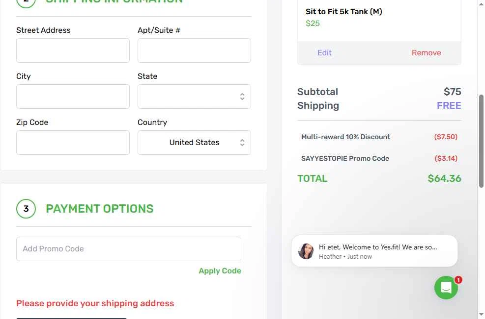 Yes.Fit checkout page showing Yes.Fit promo code box | Screenshot taken by SimplyCodes community member on Oct 2, 2025