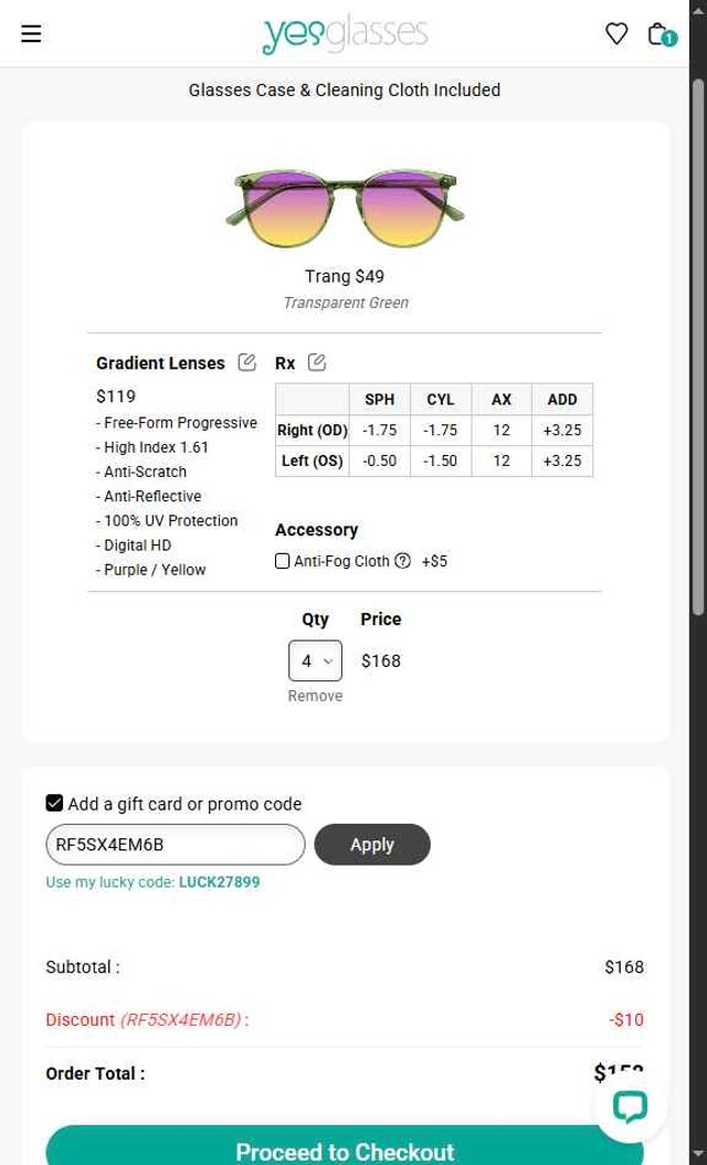 Yesglasses checkout page showing Yesglasses promo code box | Screenshot taken by SimplyCodes community member on Aug 28, 2025