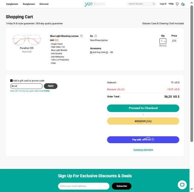 Yesglasses checkout page showing Yesglasses promo code box | Screenshot taken by SimplyCodes community member on Jul 26, 2025