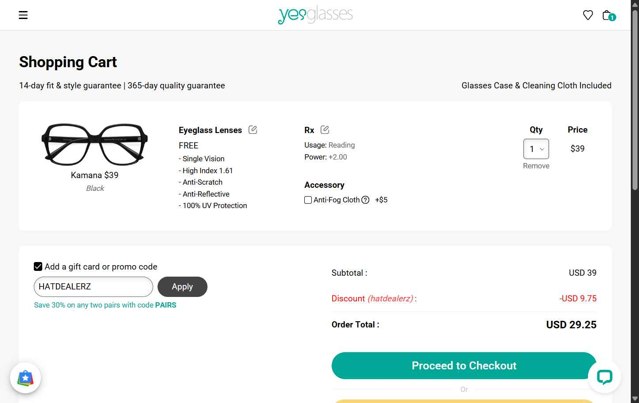 Yesglasses checkout page showing Yesglasses promo code box | Screenshot taken by SimplyCodes community member on Aug 22, 2025