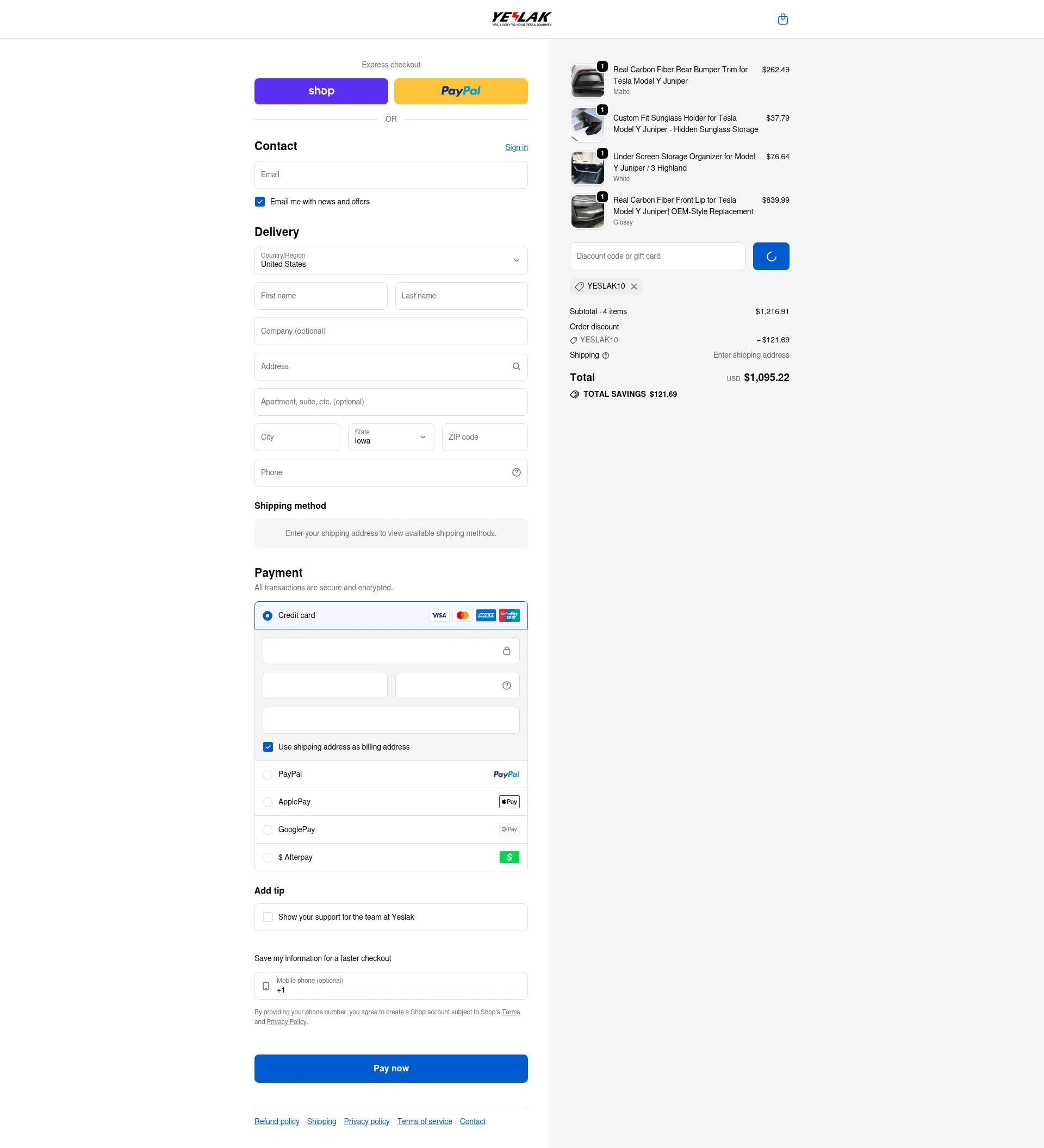 Yeslak checkout page showing Yeslak discount code box | Screenshot taken by SimplyCodes community member on Feb 9, 2026
