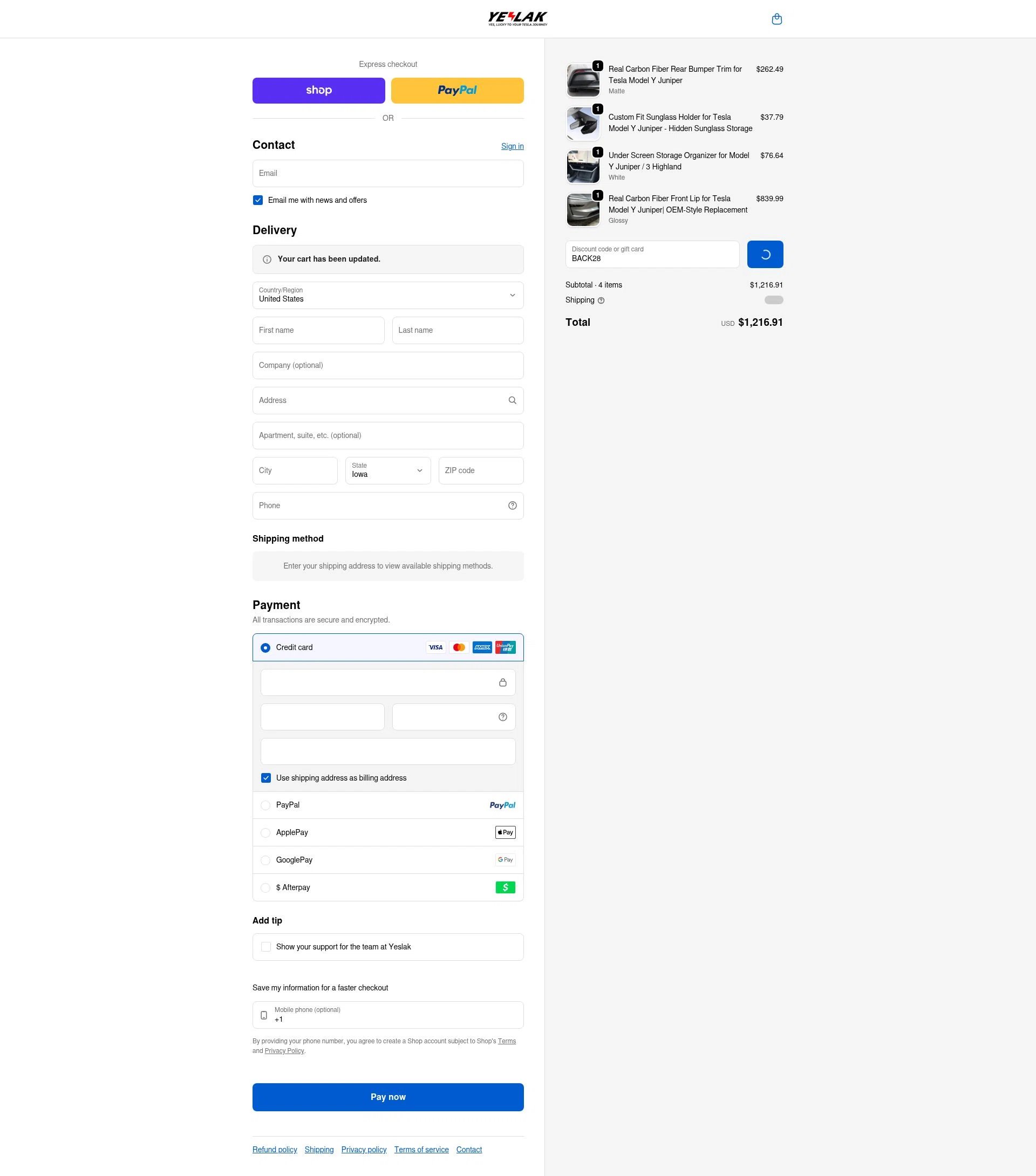 Yeslak checkout page showing Yeslak discount code box | Screenshot taken by SimplyCodes community member on Feb 9, 2026