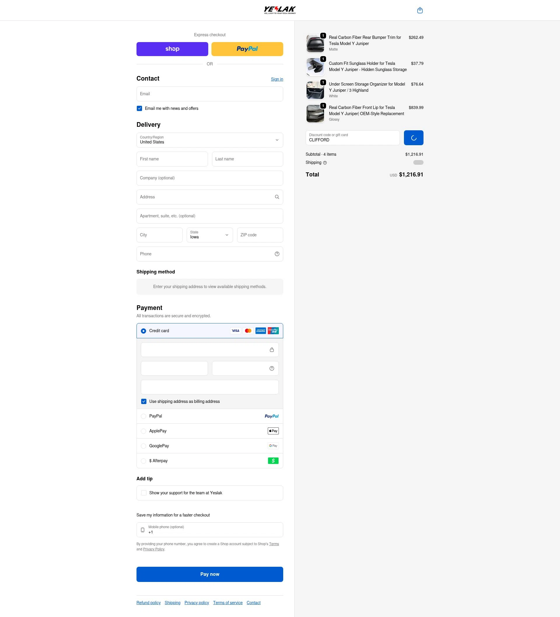 Yeslak checkout page showing Yeslak discount code box | Screenshot taken by SimplyCodes community member on Feb 9, 2026