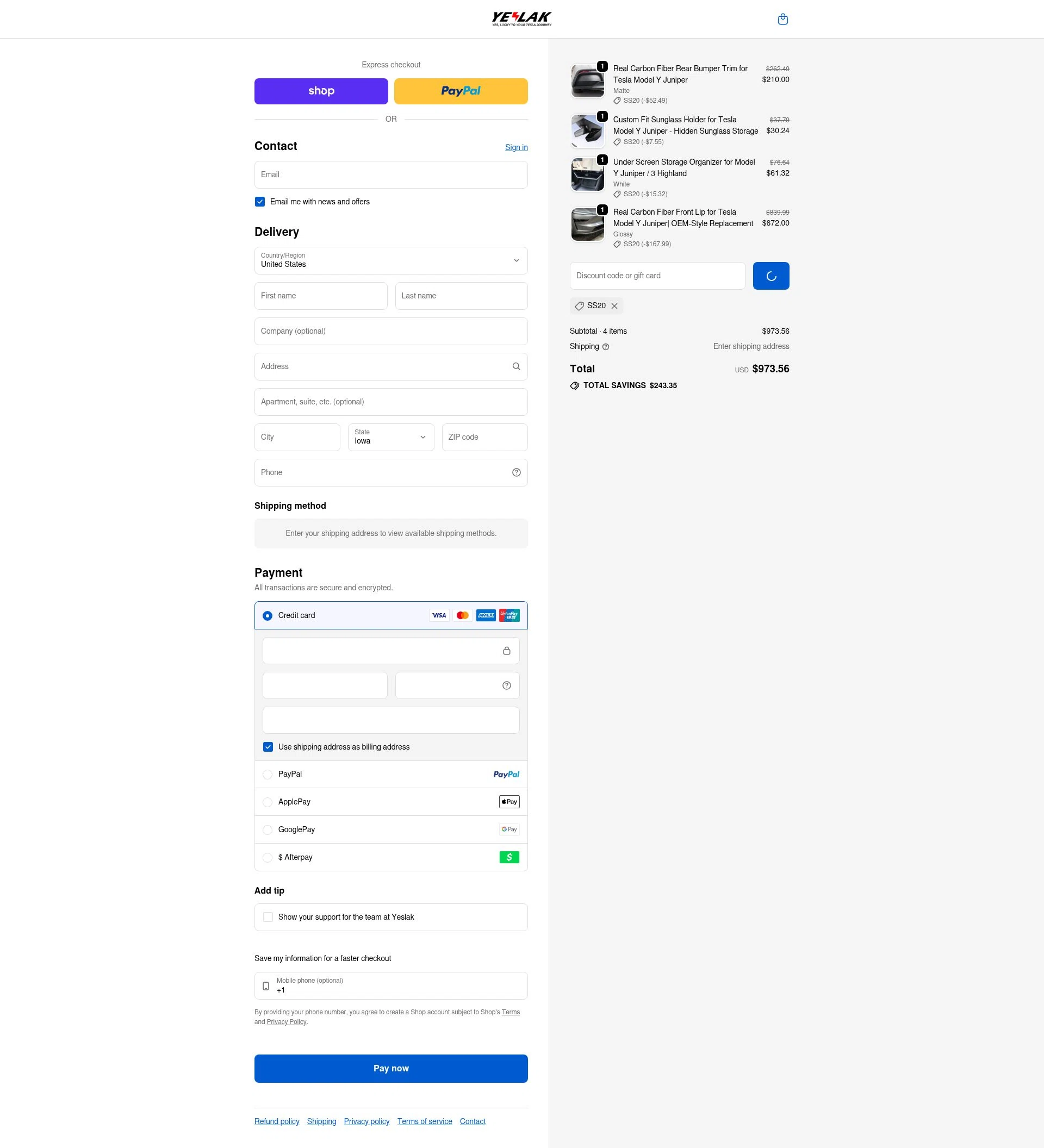 Yeslak checkout page showing Yeslak discount code box | Screenshot taken by SimplyCodes community member on Feb 9, 2026