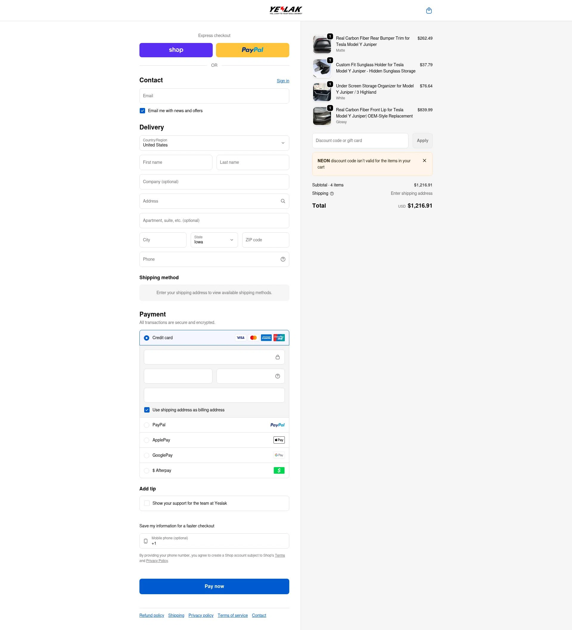 Yeslak checkout page showing Yeslak discount code box | Screenshot taken by SimplyCodes community member on Feb 9, 2026