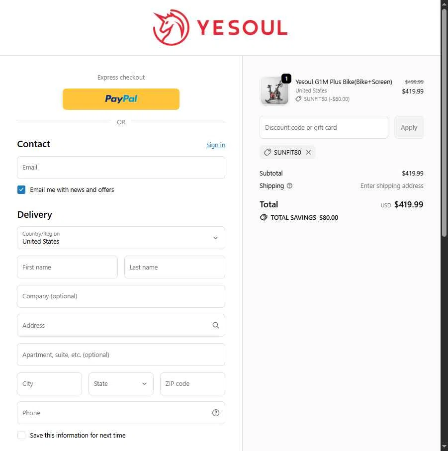 YESOUL checkout page showing YESOUL coupon code box | Screenshot taken by SimplyCodes community member on Feb 11, 2026