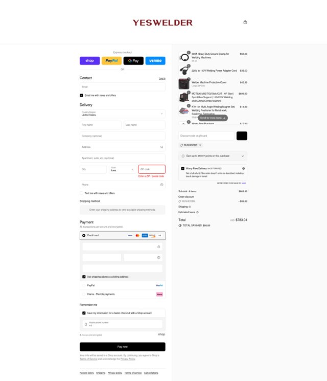 YesWelder checkout page showing YesWelder discount code box | Screenshot taken by SimplyCodes community member on Sep 7, 2025