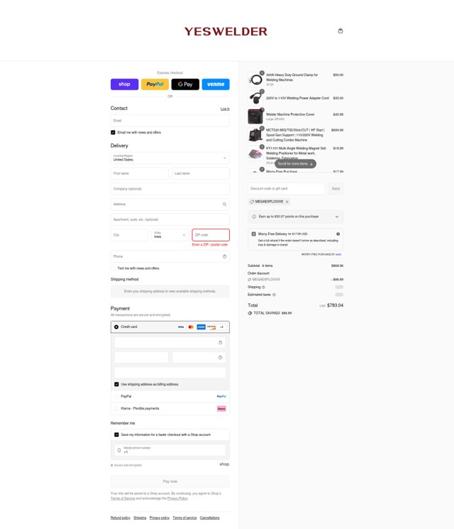 YesWelder checkout page showing YesWelder discount code box | Screenshot taken by SimplyCodes community member on Sep 7, 2025