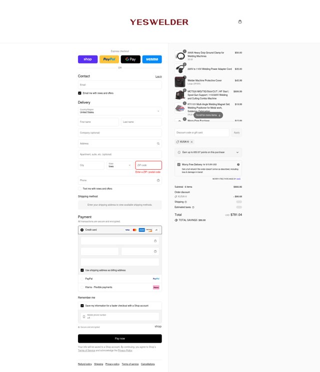 YesWelder checkout page showing YesWelder discount code box | Screenshot taken by SimplyCodes community member on Sep 7, 2025