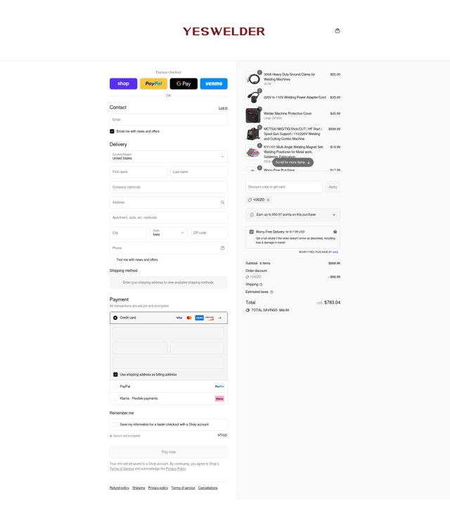 YesWelder checkout page showing YesWelder discount code box | Screenshot taken by SimplyCodes community member on Sep 7, 2025