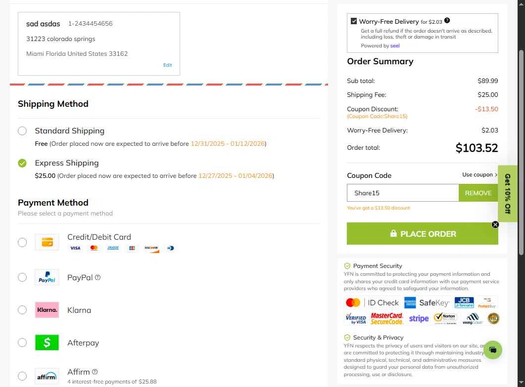YFN checkout page showing YFN promo code box | Screenshot taken by SimplyCodes community member on Dec 23, 2025
