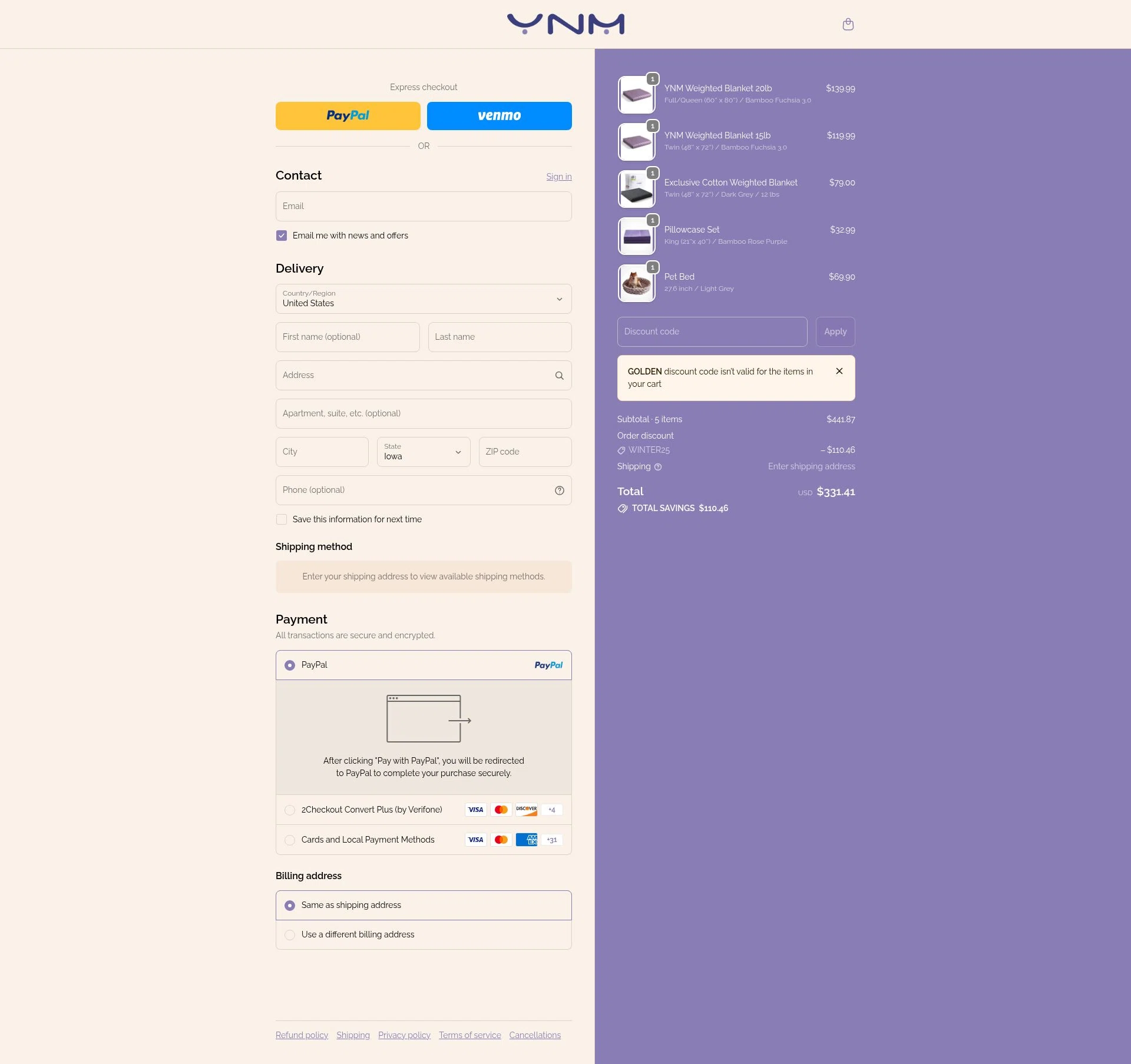 YNM home checkout page showing YNM home coupon code box | Screenshot taken by SimplyCodes community member on Jan 7, 2026