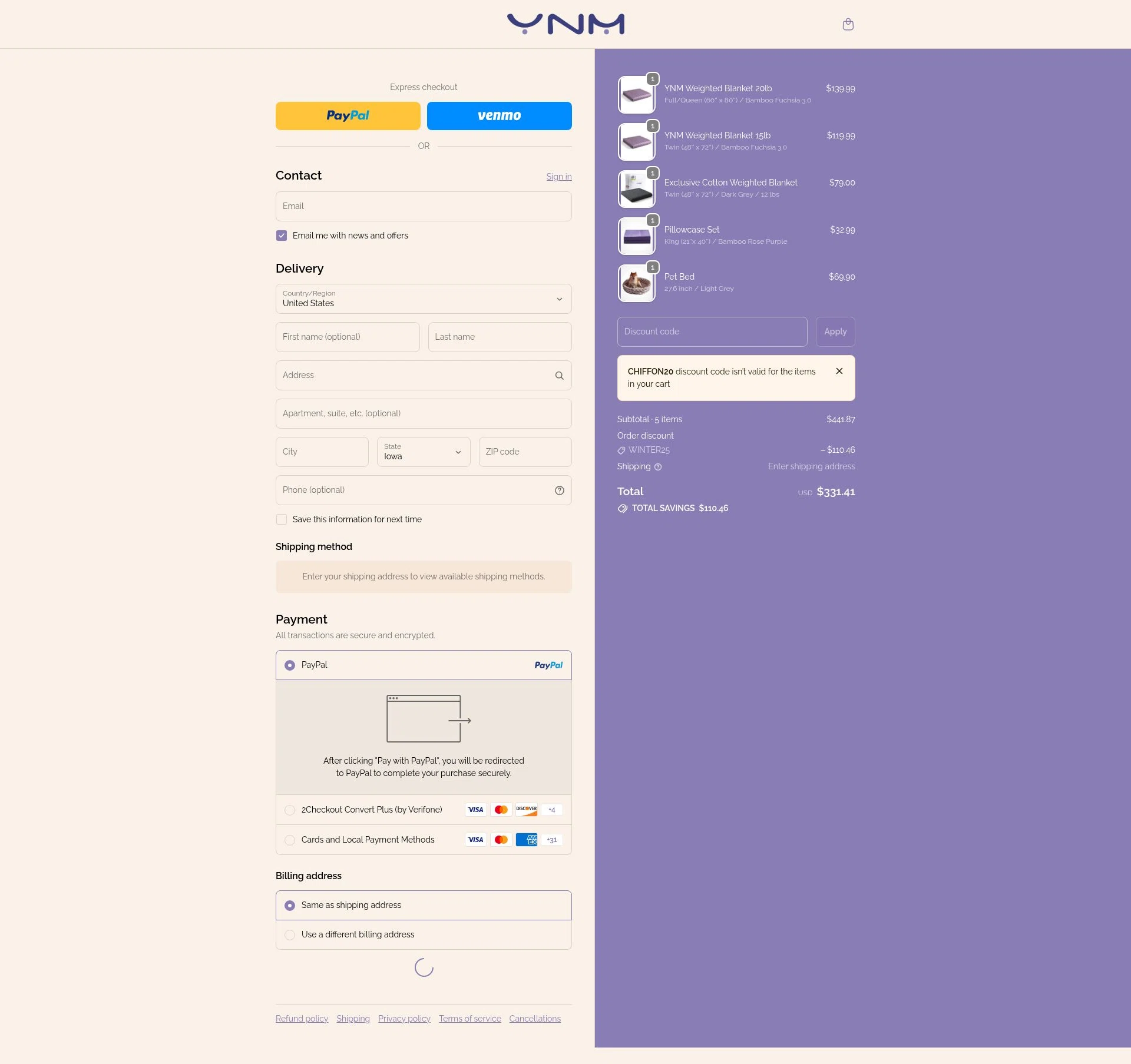YNM home checkout page showing YNM home coupon code box | Screenshot taken by SimplyCodes community member on Jan 7, 2026