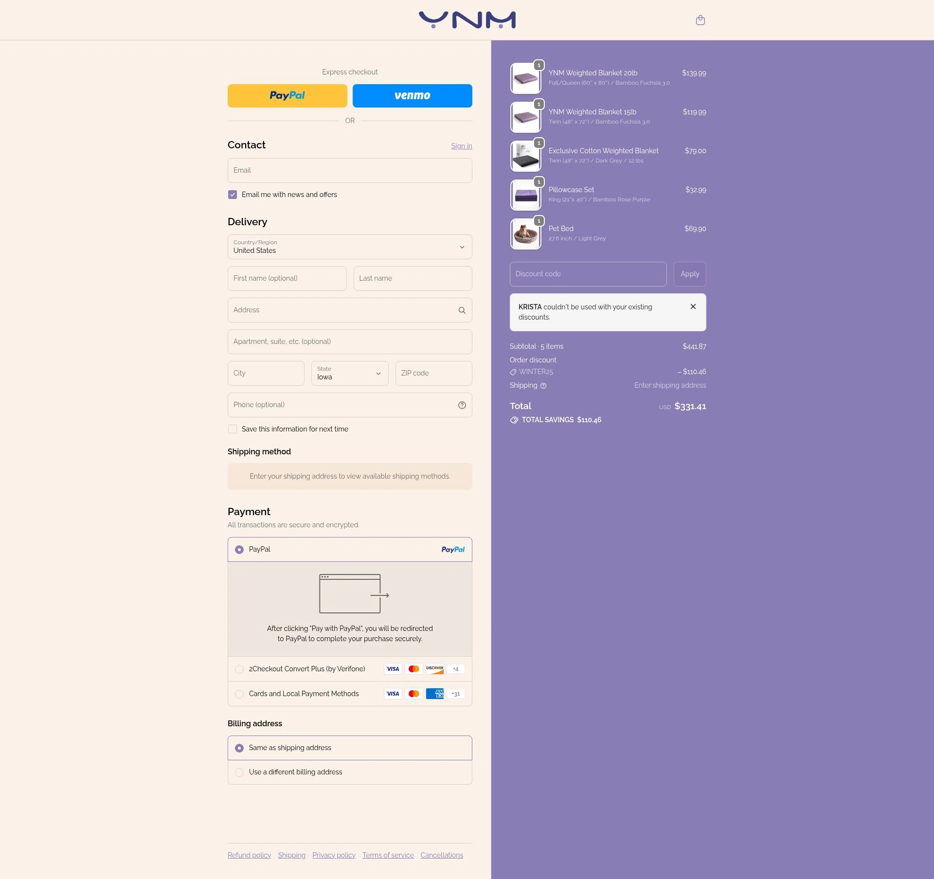 YNM home checkout page showing YNM home coupon code box | Screenshot taken by SimplyCodes community member on Jan 2, 2026