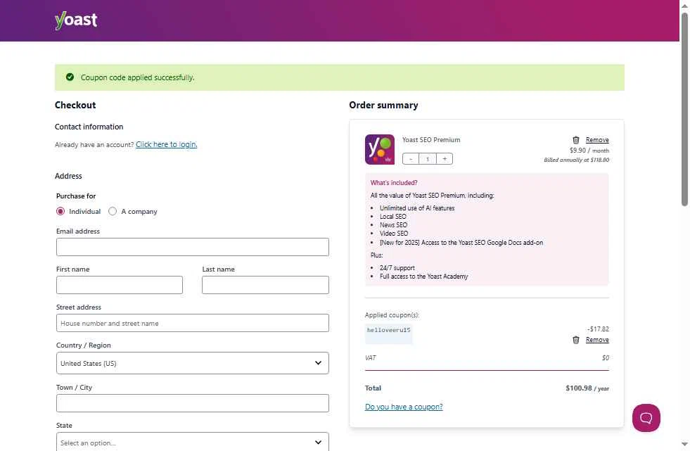 Yoast checkout page showing Yoast coupon code box | Screenshot taken by SimplyCodes community member on Dec 9, 2025