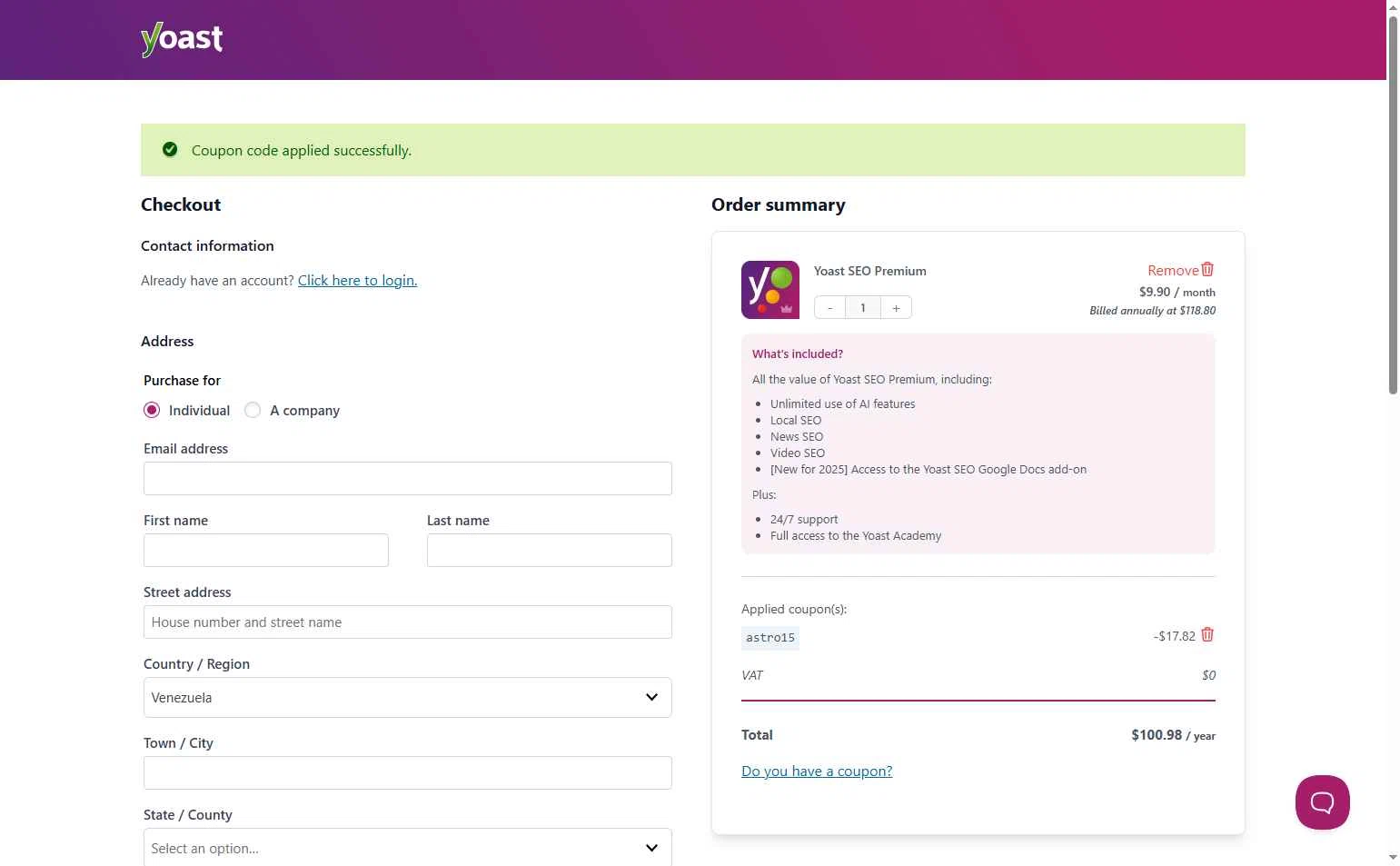Yoast checkout page showing Yoast coupon code box | Screenshot taken by SimplyCodes community member on Dec 7, 2025