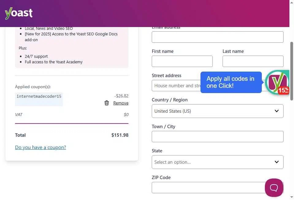 Yoast checkout page showing Yoast coupon code box | Screenshot taken by SimplyCodes community member on Dec 11, 2025