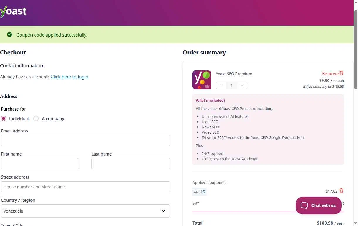 Yoast checkout page showing Yoast coupon code box | Screenshot taken by SimplyCodes community member on Nov 27, 2025