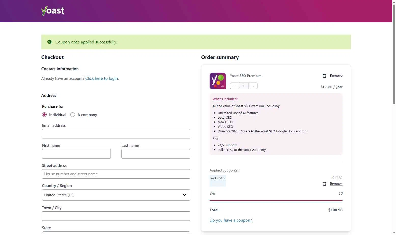 Yoast checkout page showing Yoast coupon code box | Screenshot taken by SimplyCodes community member on Jan 29, 2026