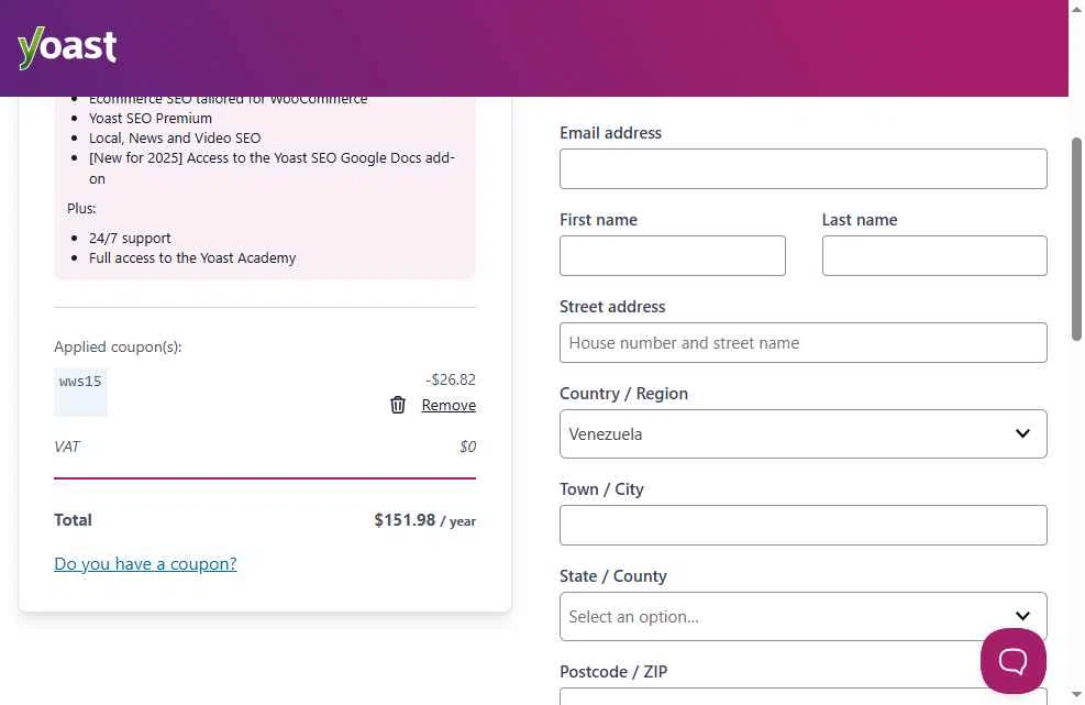 Yoast checkout page showing Yoast coupon code box | Screenshot taken by SimplyCodes community member on Dec 25, 2025