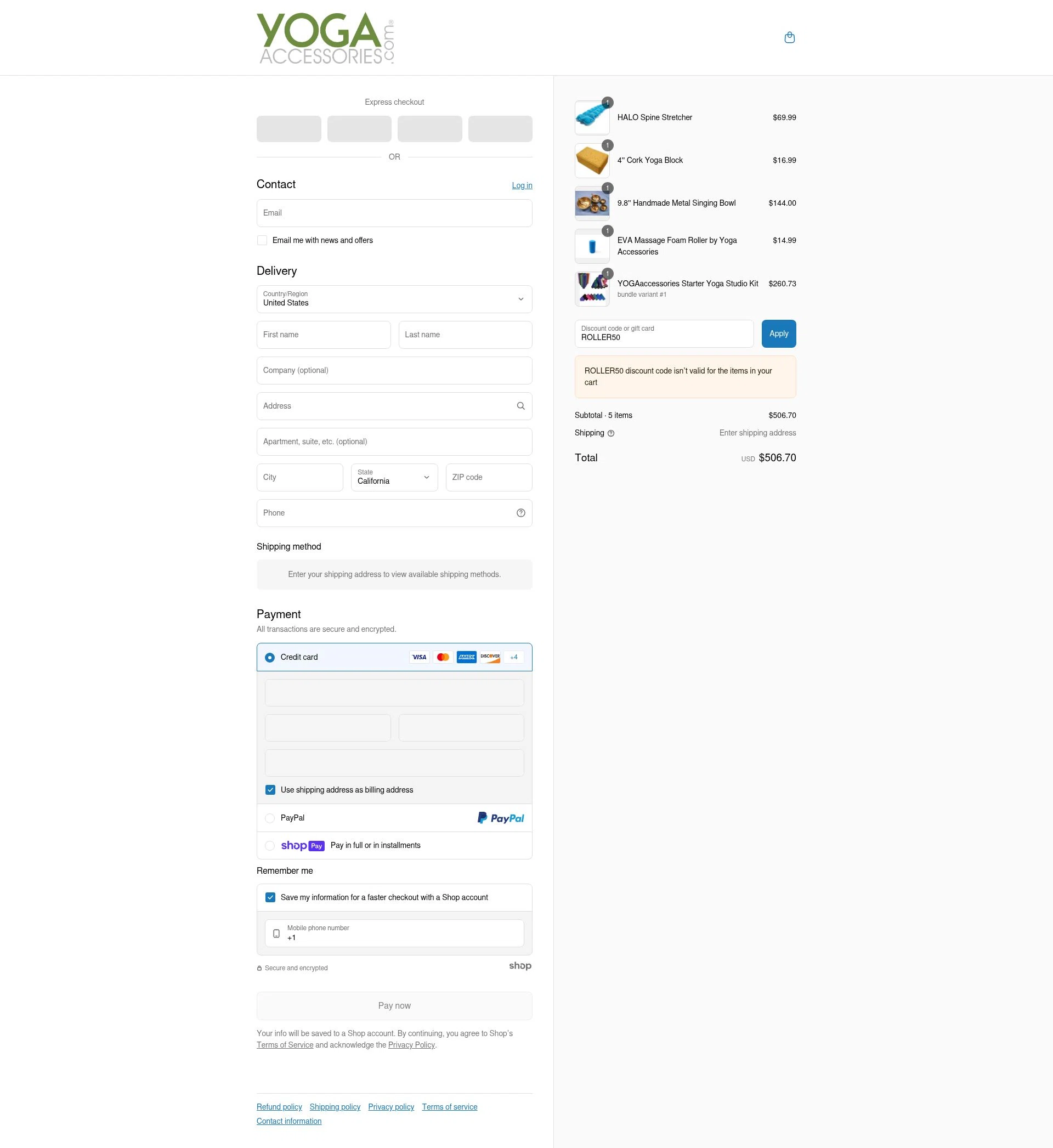 YogaAccessories.com checkout page showing YogaAccessories.com promo code box | Screenshot taken by SimplyCodes community member on Jun 30, 2025