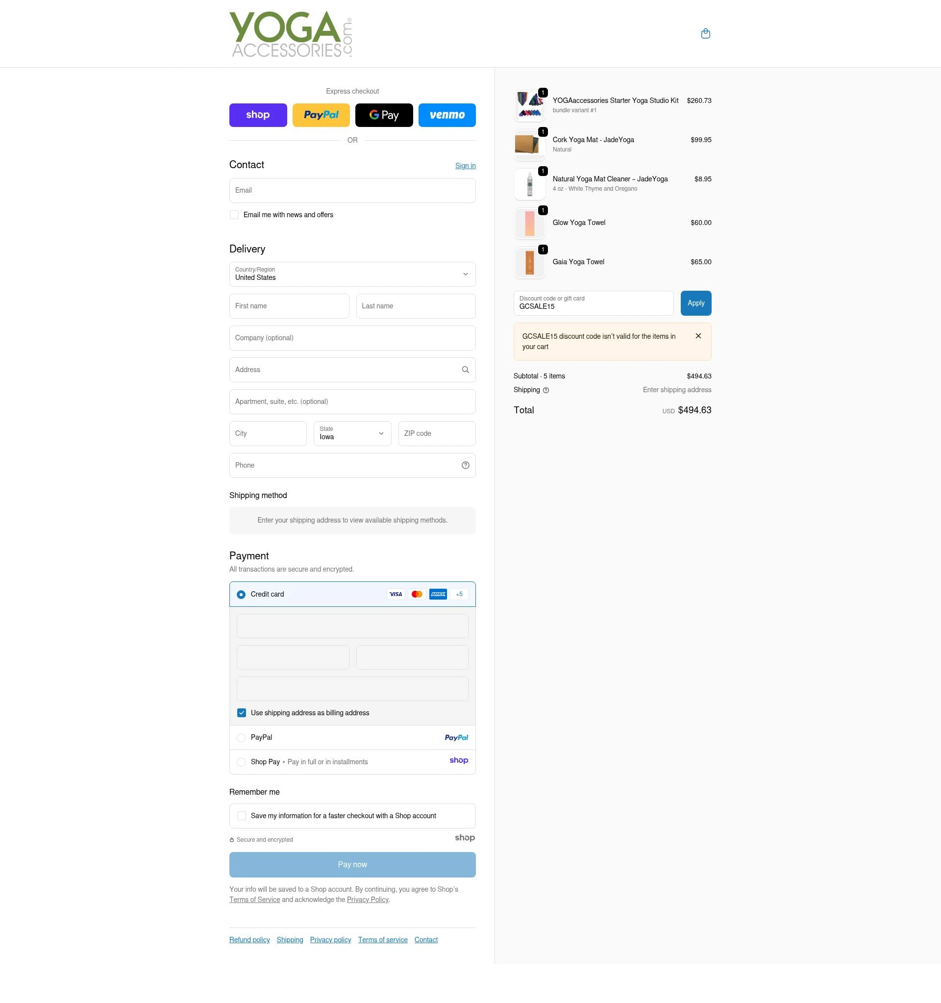YogaAccessories.com checkout page showing YogaAccessories.com promo code box | Screenshot taken by SimplyCodes community member on Nov 23, 2025