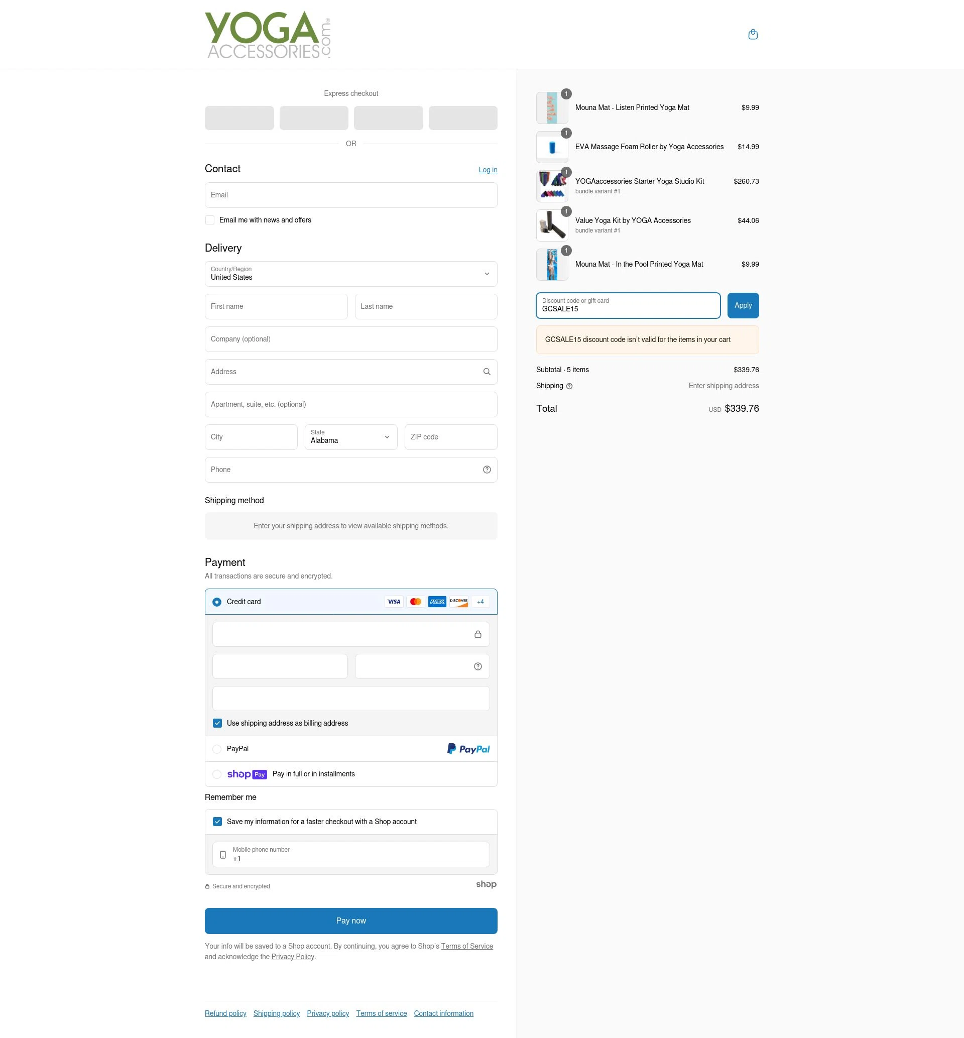 YogaAccessories.com checkout page showing YogaAccessories.com promo code box | Screenshot taken by SimplyCodes community member on May 4, 2025
