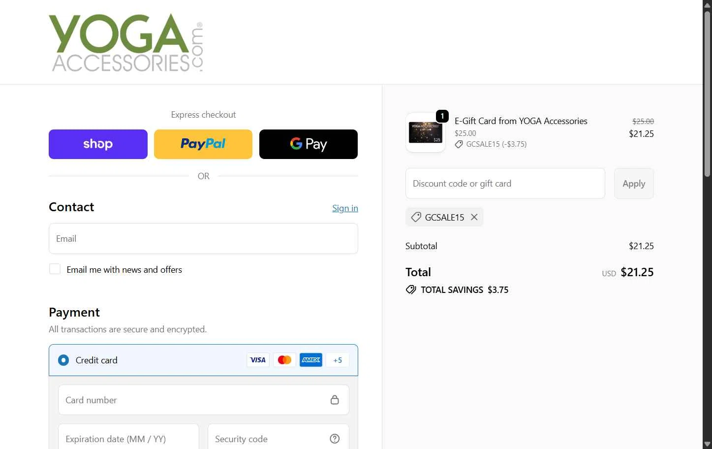 YogaAccessories.com checkout page showing YogaAccessories.com promo code box | Screenshot taken by SimplyCodes community member on Nov 18, 2025