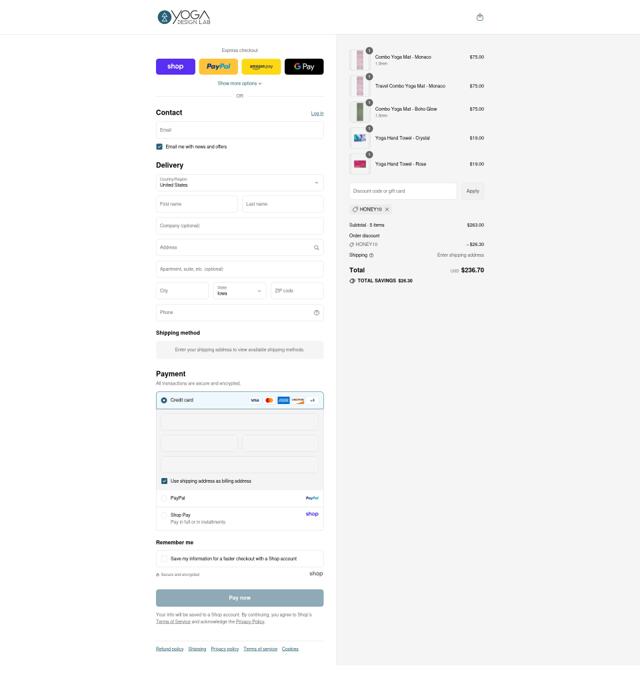 Yoga Design Lab checkout page showing Yoga Design Lab promo code box | Screenshot taken by SimplyCodes community member on Sep 7, 2025