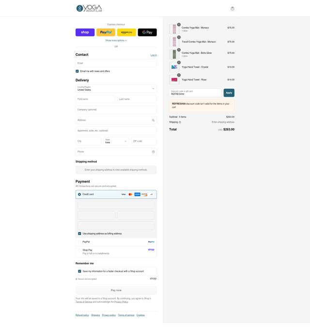 Yoga Design Lab checkout page showing Yoga Design Lab promo code box | Screenshot taken by SimplyCodes community member on Aug 29, 2025