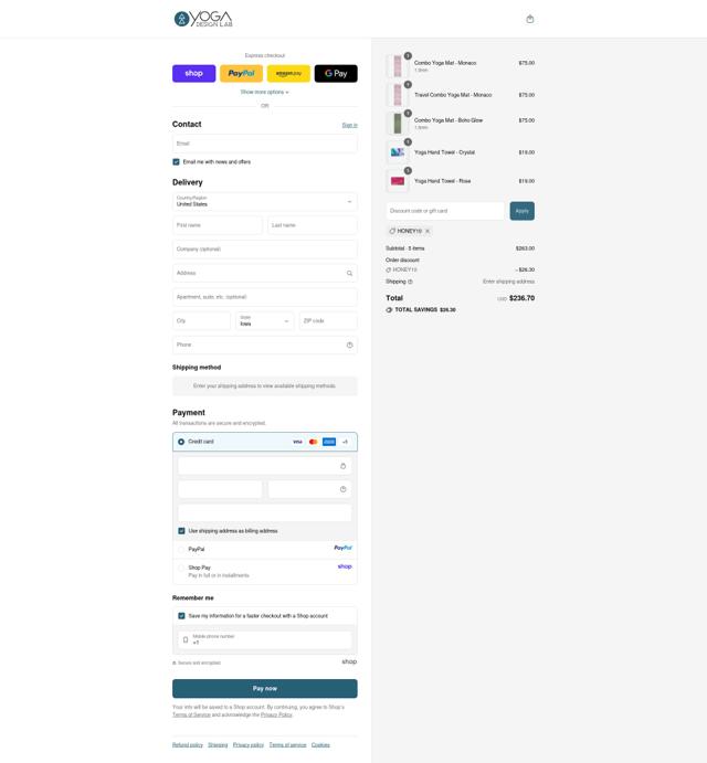 Yoga Design Lab checkout page showing Yoga Design Lab promo code box | Screenshot taken by SimplyCodes community member on Sep 11, 2025