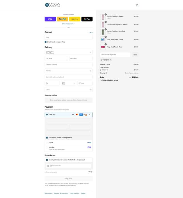 Yoga Design Lab checkout page showing Yoga Design Lab promo code box | Screenshot taken by SimplyCodes community member on Aug 29, 2025