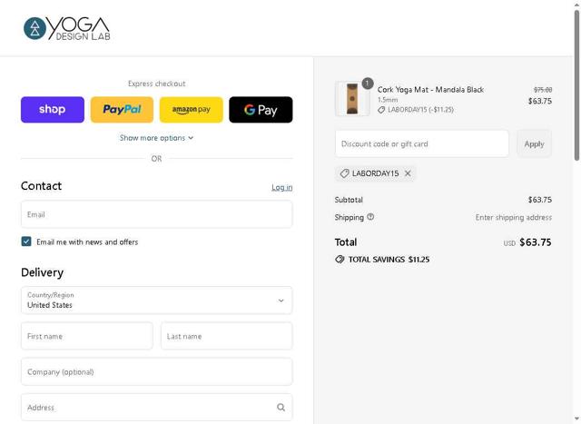 Yoga Design Lab checkout page showing Yoga Design Lab promo code box | Screenshot taken by SimplyCodes community member on Aug 29, 2025
