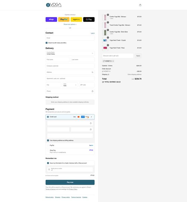 Yoga Design Lab checkout page showing Yoga Design Lab promo code box | Screenshot taken by SimplyCodes community member on Sep 3, 2025