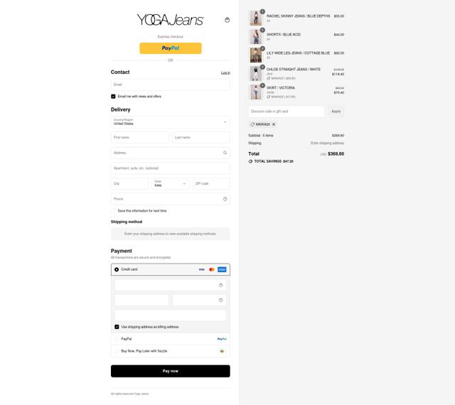 Yoga Jeans checkout page showing Yoga Jeans promo code box | Screenshot taken by SimplyCodes community member on Aug 16, 2025