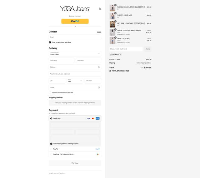 Yoga Jeans checkout page showing Yoga Jeans promo code box | Screenshot taken by SimplyCodes community member on Aug 12, 2025