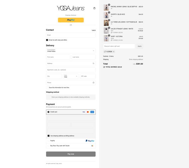 Yoga Jeans checkout page showing Yoga Jeans promo code box | Screenshot taken by SimplyCodes community member on Aug 8, 2025