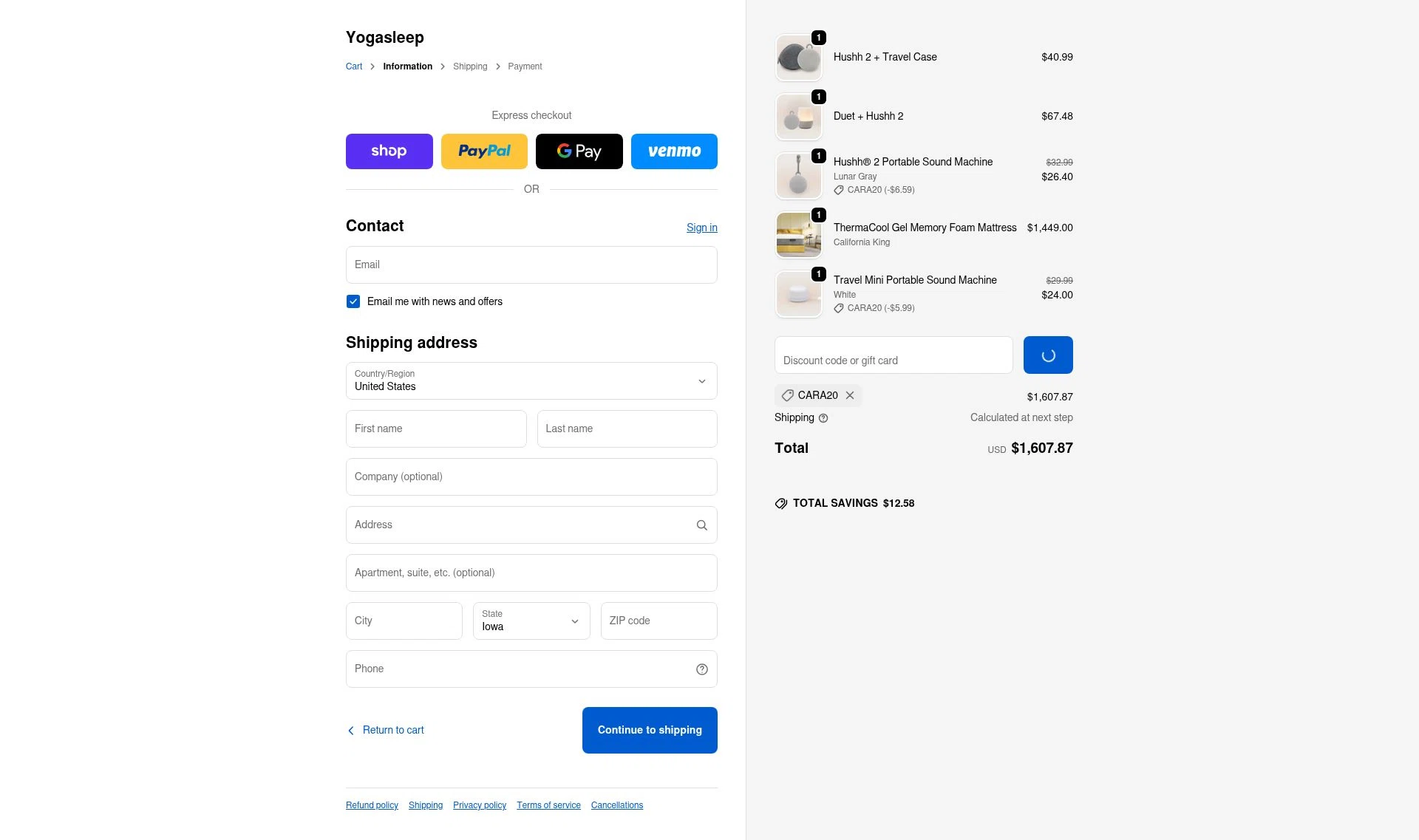 Yogasleep checkout page showing Yogasleep discount code box | Screenshot taken by SimplyCodes community member on Dec 29, 2025